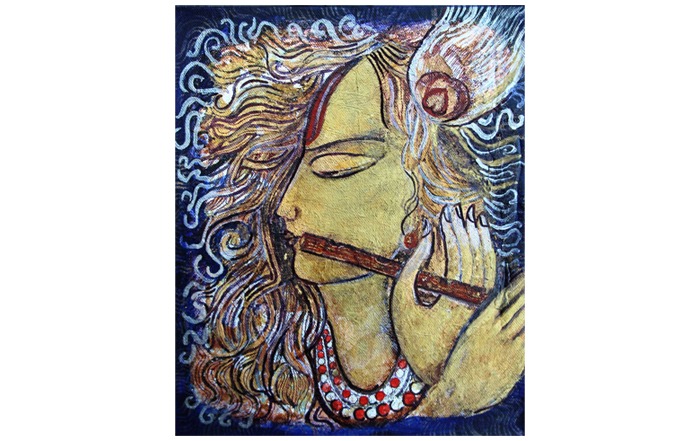 SC08 
Kanha 
Mixed media, Gold and Silver foil on canvas 
12 x 10 inches 
Unavailable (Can be commissioned)